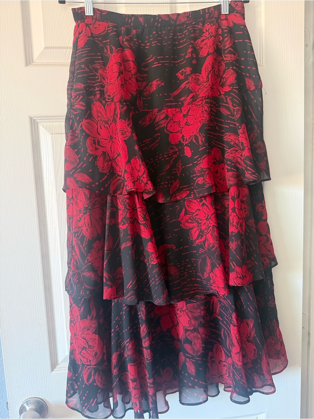 Coldwater Creek Black and Red Floral High-Low Tiered Skirt